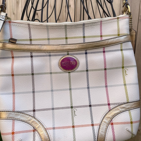 Coach Peyton Tattersall Crossbody Bag Plaid Purse White Gold Leather - Picture 2 of 16